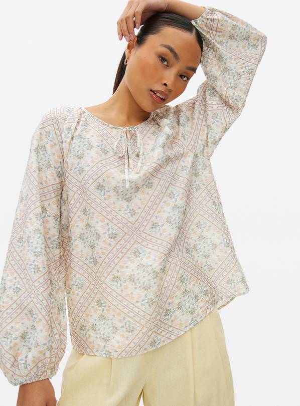 Cream Tile Printed Tie Neck Blouse 8
